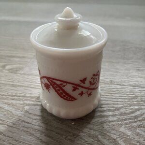 Vintage Hazel Atlas Small Milk Glass Red Sweet Pea Mustard Spice Jar